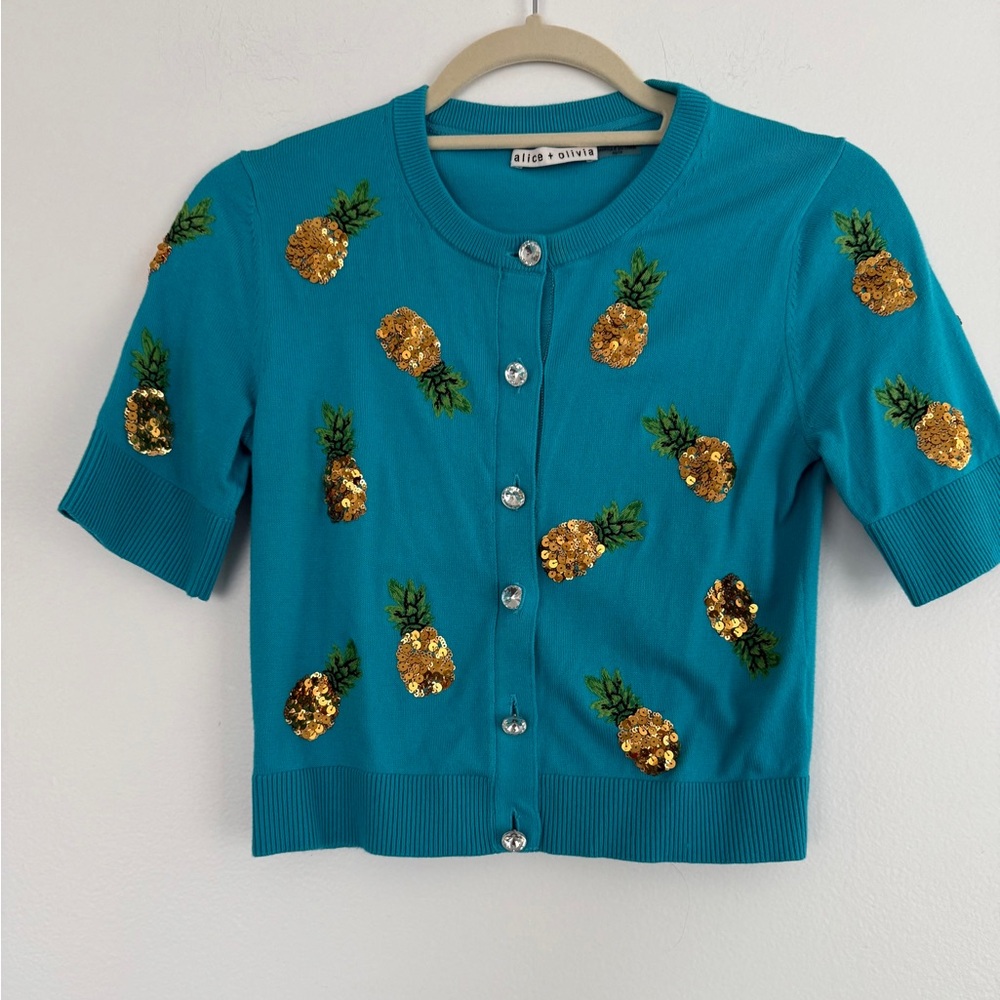 Alice + Olivia BradyGold  Pineapple Sequin  Button Down Sweater, Sz. XS